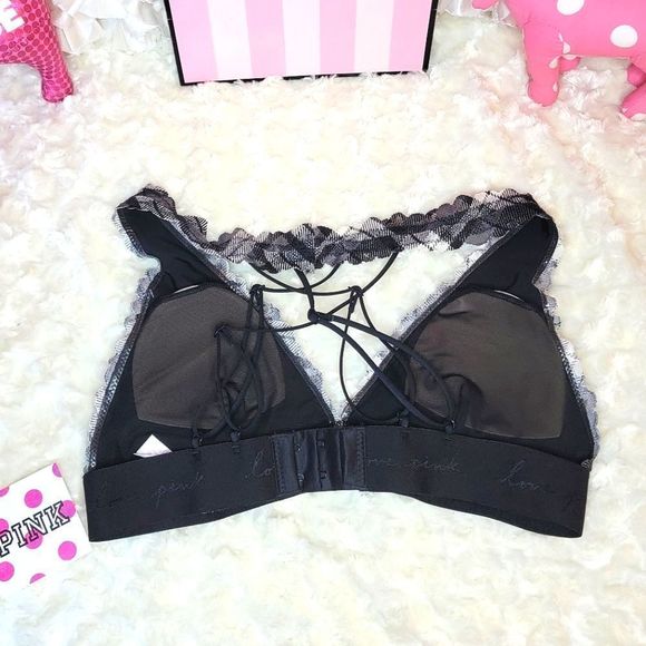 NWT 2PC PINK VICTORIA SECRET BRALETTE LACE THONG BLACK WHITE PLAID BANDANA SMALL - Picture 5 of 12